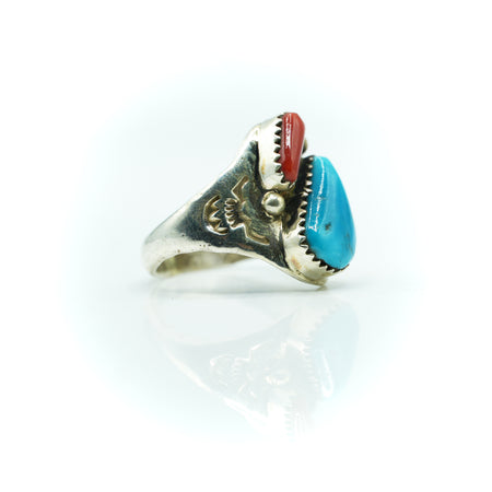 Navajo Turquoise and Coral Ring in Sterling Silver