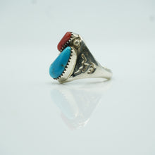 Load image into Gallery viewer, Navajo Turquoise and Coral Ring in Sterling Silver
