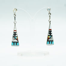 Load image into Gallery viewer, Zuni, 925 Silver Channeled Inlay Turquoise, Coral, Onyx and Mother of Pearl Earrings
