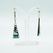 Load image into Gallery viewer, Zuni, 925 Silver Channeled Inlay Turquoise, Coral, Onyx and Mother of Pearl Earrings
