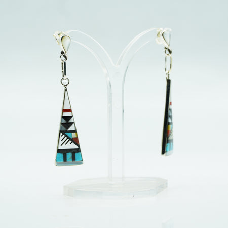 Zuni, 925 Silver Channeled Inlay Turquoise, Coral, Onyx and Mother of Pearl Earrings