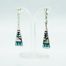 Load image into Gallery viewer, Zuni, 925 Silver Channeled Inlay Turquoise, Coral, Onyx and Mother of Pearl Earrings
