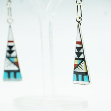 Load image into Gallery viewer, Zuni, 925 Silver Channeled Inlay Turquoise, Coral, Onyx and Mother of Pearl Earrings

