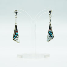 Load image into Gallery viewer, Zuni, 925 Silver Channeled Inlay Turquoise, Coral, Onyx and Mother of Pearl Earrings
