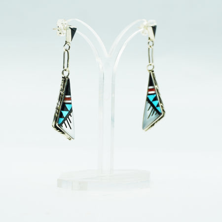 Zuni, 925 Silver Channeled Inlay Turquoise, Coral, Onyx and Mother of Pearl Earrings