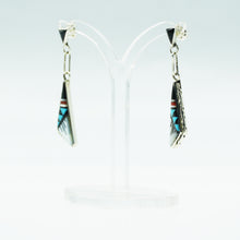 Load image into Gallery viewer, Zuni, 925 Silver Channeled Inlay Turquoise, Coral, Onyx and Mother of Pearl Earrings
