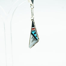 Load image into Gallery viewer, Zuni, 925 Silver Channeled Inlay Turquoise, Coral, Onyx and Mother of Pearl Earrings
