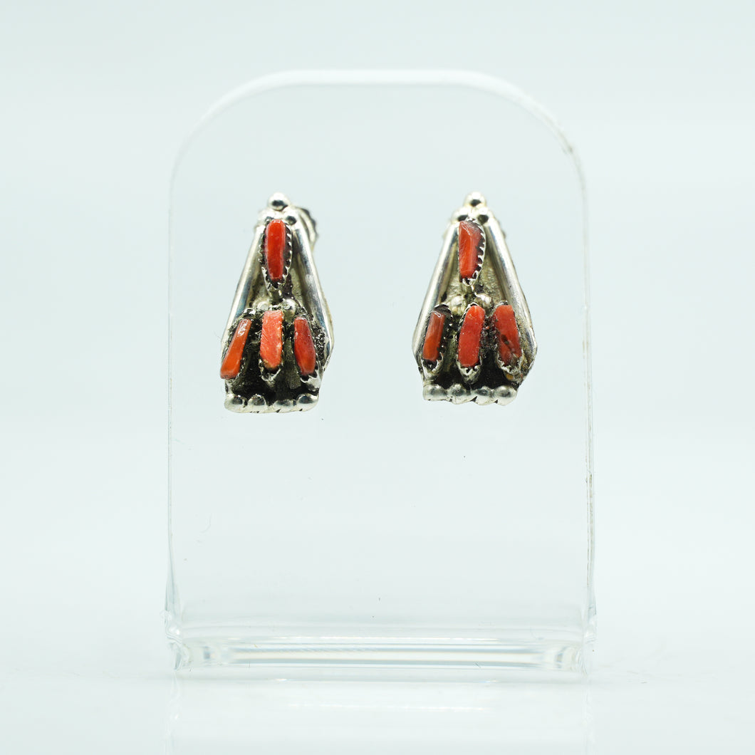 Zuni Sterling Silver & Coral Cluster Earrings