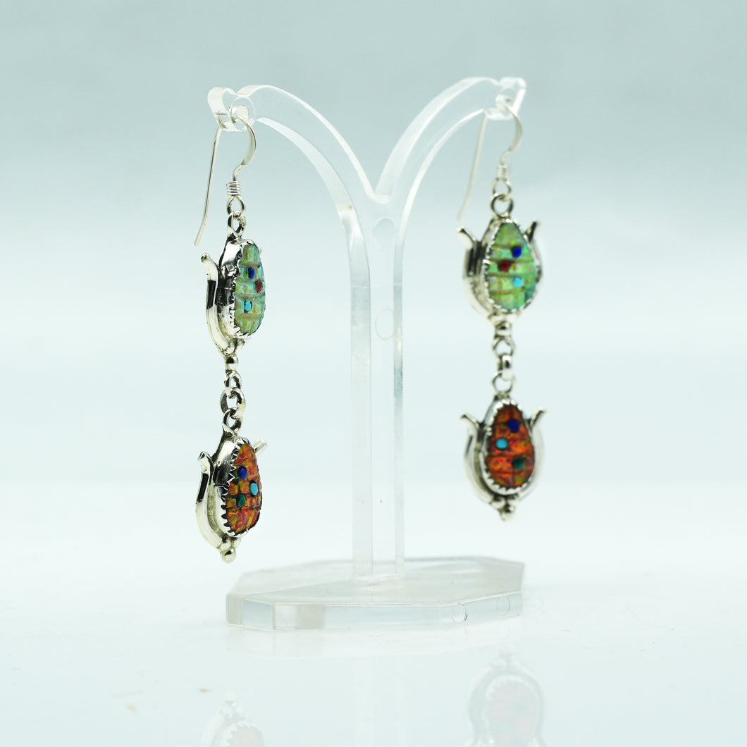 Zuni Sterling Silver Multi-Stone Mosaic Inlay Dangle Earrings