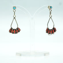 Load image into Gallery viewer, Zuni Sterling Silver Coral Dangle Earrings with Turquoise Posts
