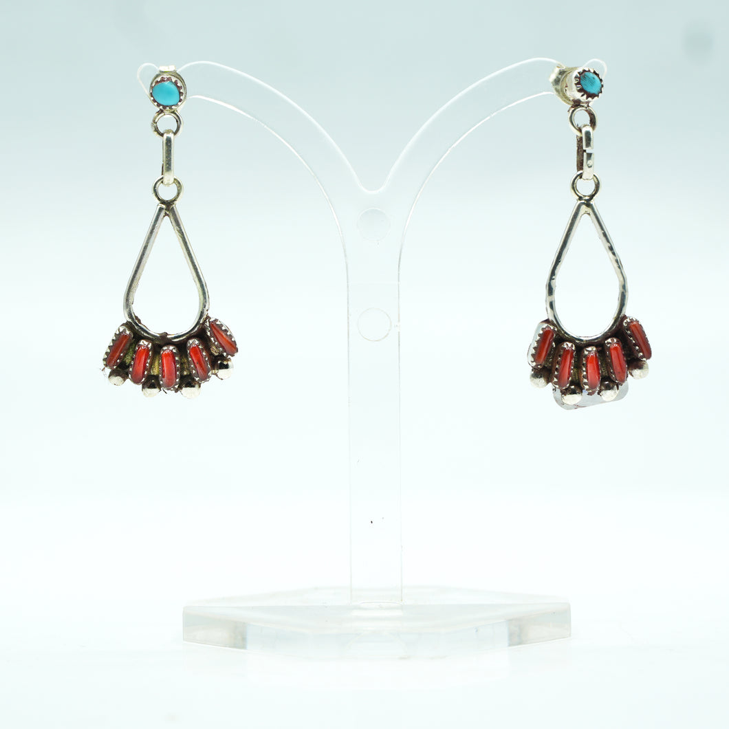 Zuni Sterling Silver Coral Dangle Earrings with Turquoise Posts