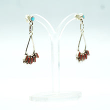 Load image into Gallery viewer, Zuni Sterling Silver Coral Dangle Earrings with Turquoise Posts
