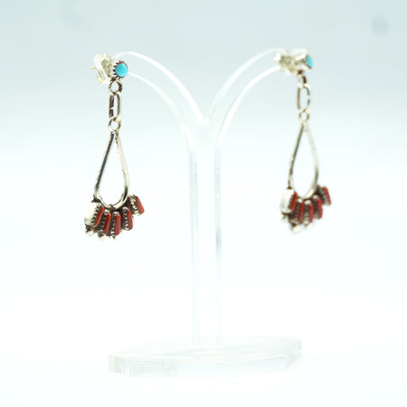 Zuni Sterling Silver Coral Dangle Earrings with Turquoise Posts