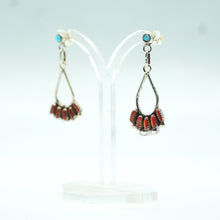 Load image into Gallery viewer, Zuni Sterling Silver Coral Dangle Earrings with Turquoise Posts

