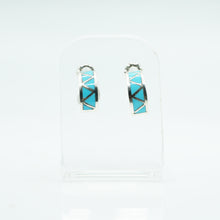 Load image into Gallery viewer, Zuni Sterling Silver Turquoise Inlay Hoop Earrings
