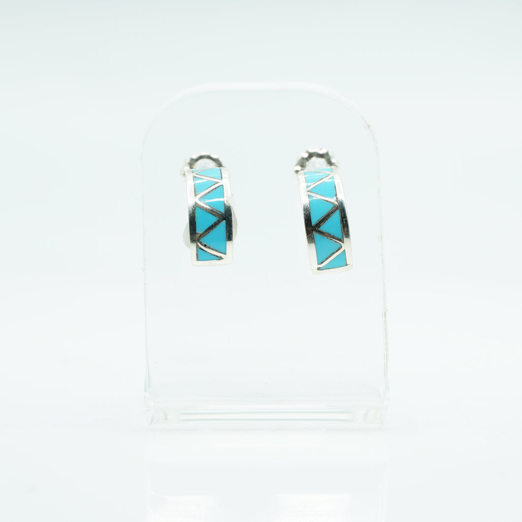 Zuni Sterling Silver Turquoise Inlay Hoop Earrings