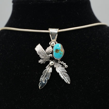 Zuni Turquoise Eagle &amp; Feathers Pendant in Sterling Silver