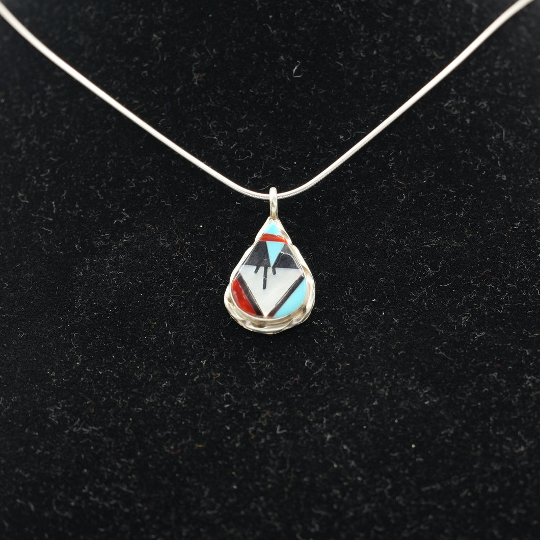 Zuni Sterling Silver Mosaic Inlay Teardrop Pendant