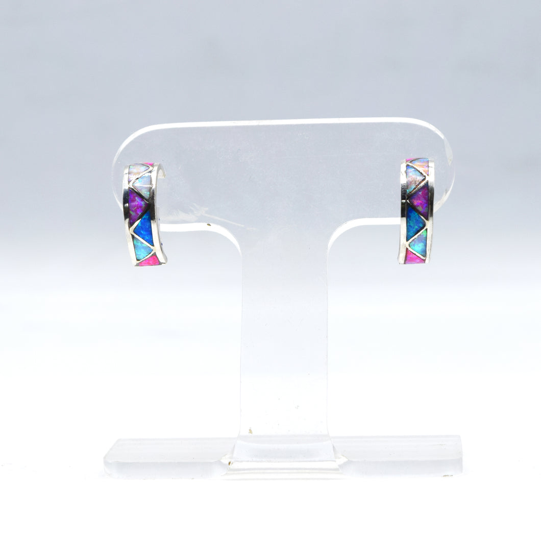 Zuni Half Hoop Earrings with Multi-Color Synthesized Opal – Sterling Silver