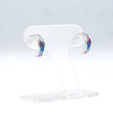 Zuni Half Hoop Earrings with Multi-Color Synthesized Opal – Sterling Silver