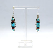 Load image into Gallery viewer, Zuni Channeled Inlay Earrings – Turquoise, Coral &amp; Onyx in Sterling Silver
