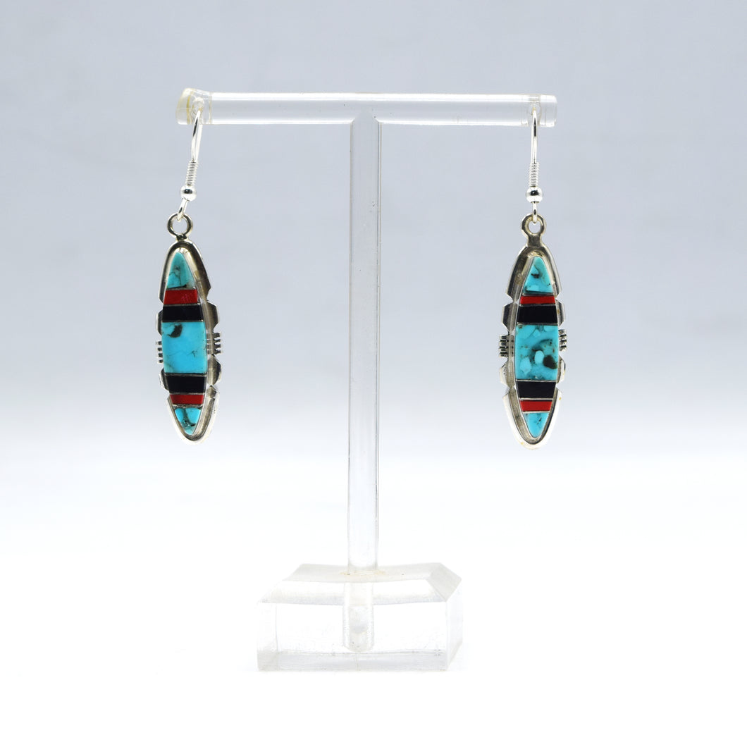 Zuni Channeled Inlay Earrings – Turquoise, Coral & Onyx in Sterling Silver