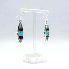 Load image into Gallery viewer, Zuni Channeled Inlay Earrings – Turquoise, Coral &amp; Onyx in Sterling Silver
