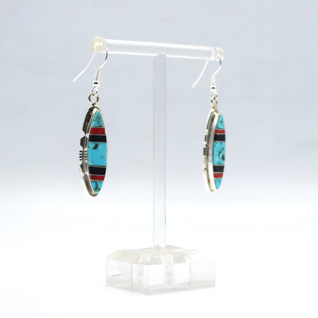 Zuni Channeled Inlay Earrings – Turquoise, Coral & Onyx in Sterling Silver