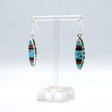 Load image into Gallery viewer, Zuni Channeled Inlay Earrings – Turquoise, Coral &amp; Onyx in Sterling Silver
