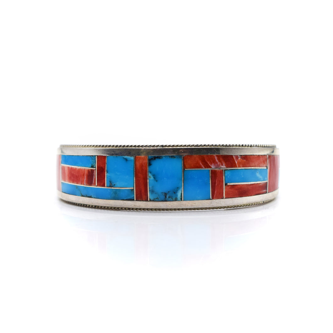 Zuni Channeled Inlay Turquoise and Coral Bracelet in Sterling Silver