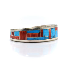 Load image into Gallery viewer, Zuni Channeled Inlay Turquoise and Coral Bracelet in Sterling Silver
