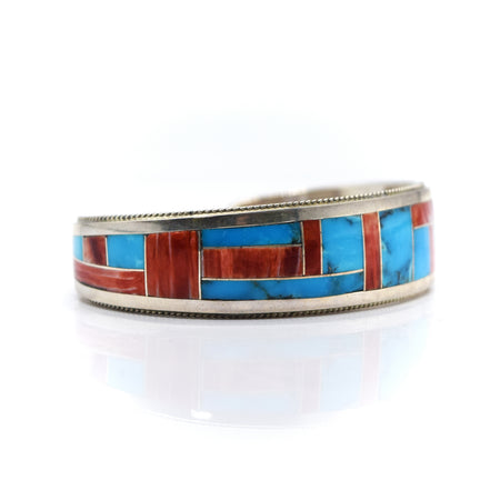 Zuni Channeled Inlay Turquoise and Coral Bracelet in Sterling Silver