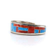 Load image into Gallery viewer, Zuni Channeled Inlay Turquoise and Coral Bracelet in Sterling Silver
