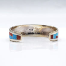 Load image into Gallery viewer, Zuni Channeled Inlay Turquoise and Coral Bracelet in Sterling Silver
