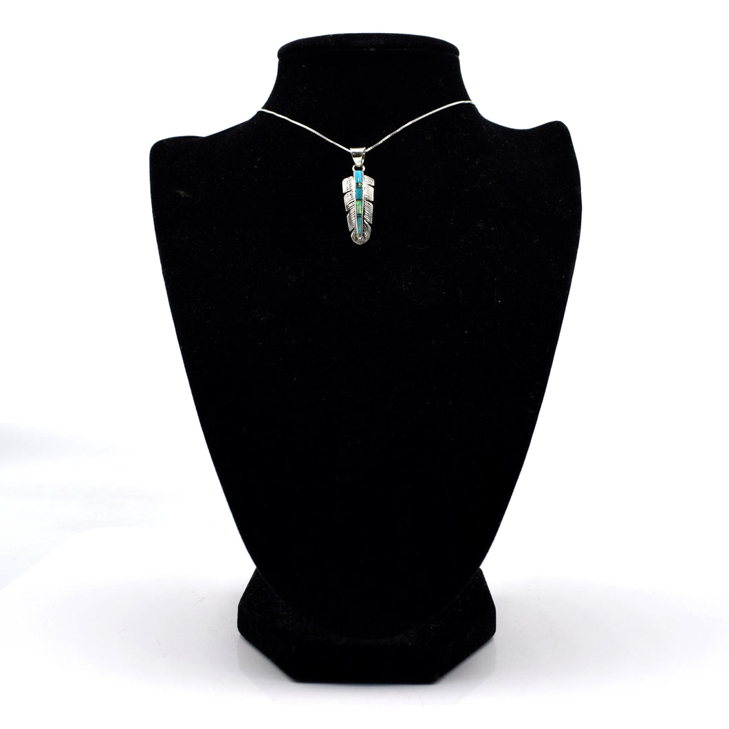 Zuni Feather Necklace Channeled Inlay in Turquoise & Opal