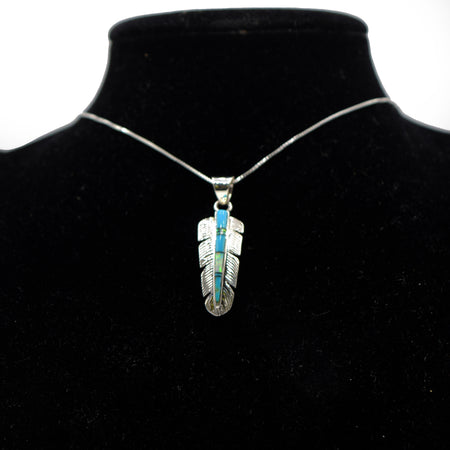 Zuni Feather Necklace Channeled Inlay in Turquoise & Opal