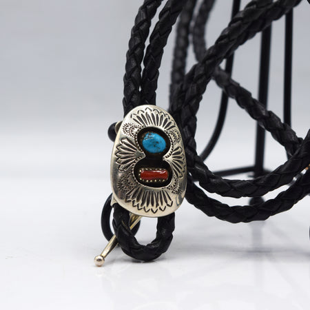 Navajo Turquoise and Coral Bolo Tie