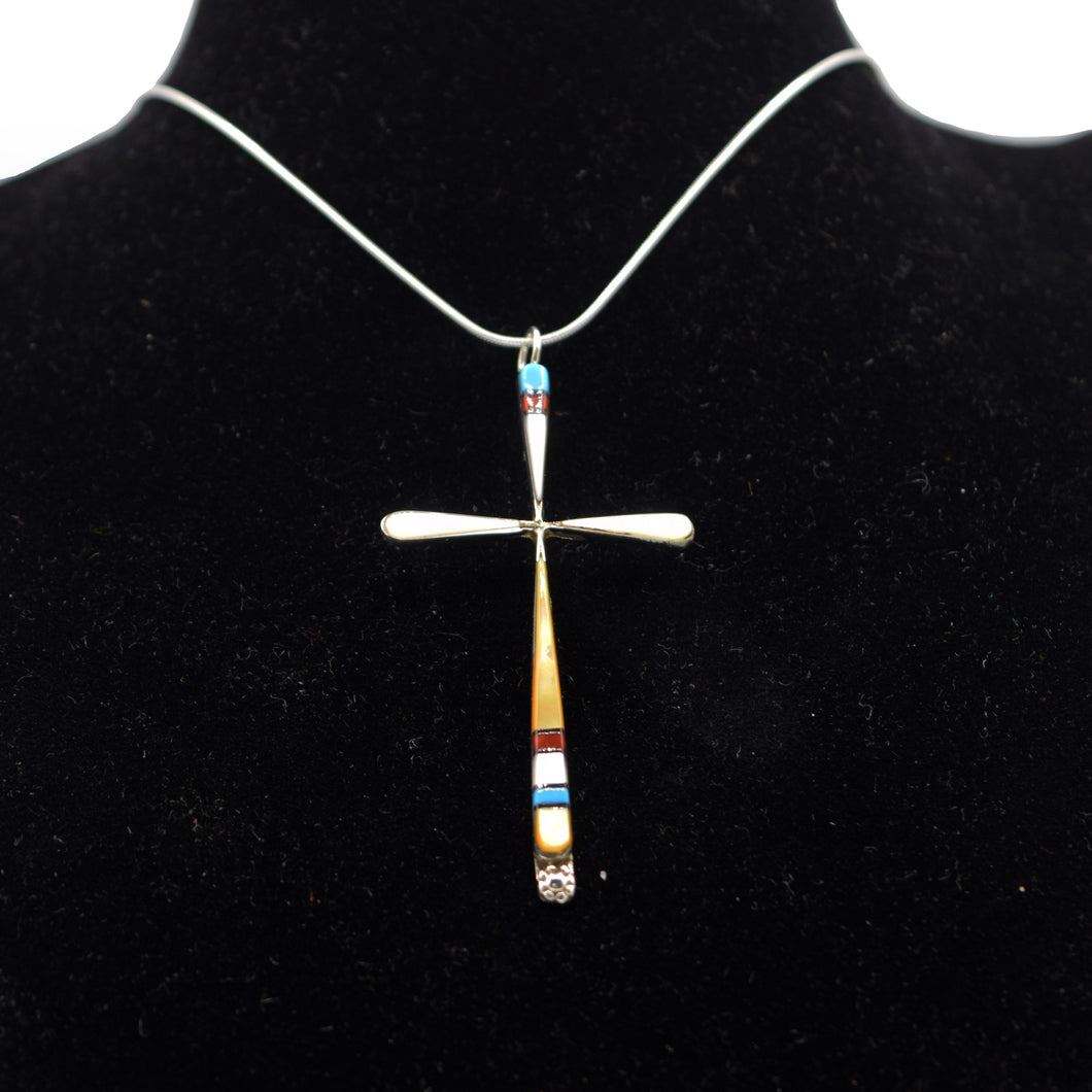 Zuni Cross Pendant – Mother of Pearl, Turquoise & Coral in Sterling Silver