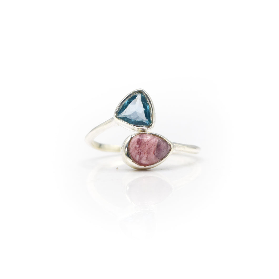 Aquamarine and Pink Tourmaline ring in 925 Silver