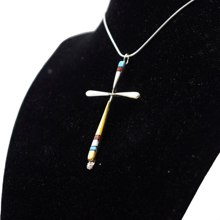 Zuni Cross Pendant – Mother of Pearl, Turquoise & Coral in Sterling Silver