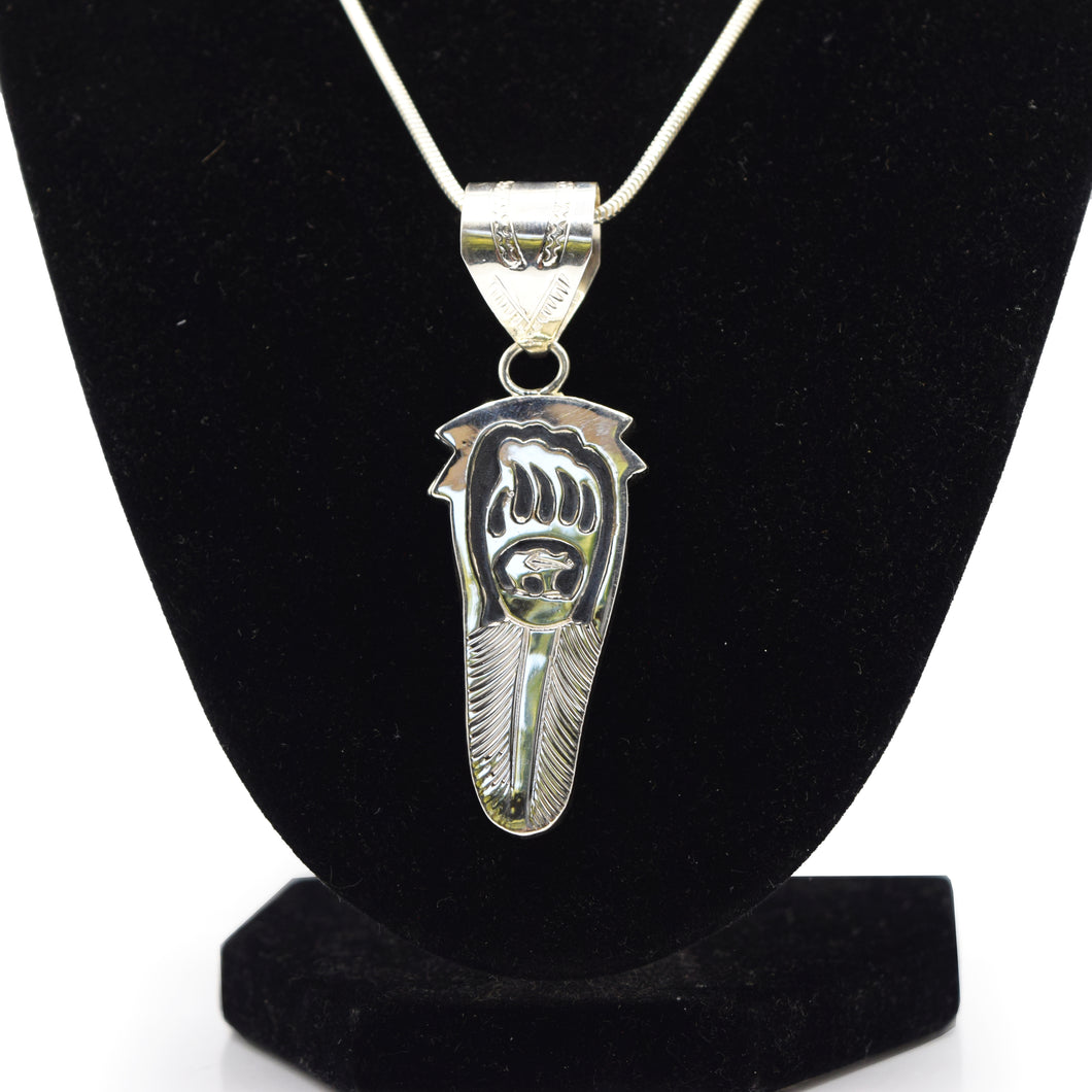 Zuni Bear & Feather Pendant – Sterling Silver with Hammer and Stamp Work