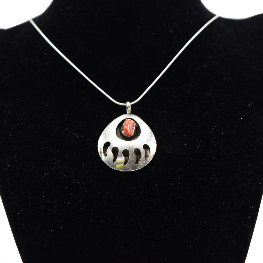 Zuni Bear Paw Pendant – Sterling Silver with Coral