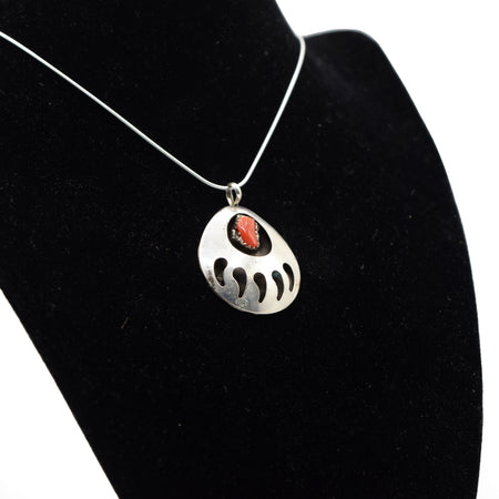 Zuni Bear Paw Pendant – Sterling Silver with Coral