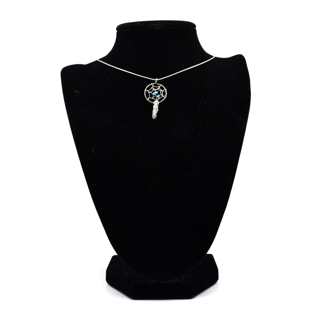 Navajo Dreamcatcher Pendant – Sterling Silver with Turquoise and Feather