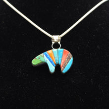 Load image into Gallery viewer, Zuni Bear Pendant – Sterling Silver with Mosaic Inlay
