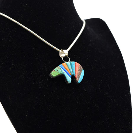 Zuni Bear Pendant – Sterling Silver with Mosaic Inlay