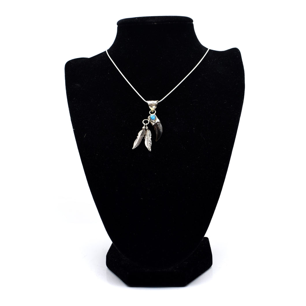 Zuni Bear Claw Pendant – Sterling Silver with Turquoise and Hanging Feathers