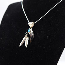Load image into Gallery viewer, Zuni Bear Claw Pendant – Sterling Silver with Turquoise and Hanging Feathers
