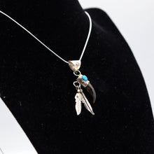 Load image into Gallery viewer, Zuni Bear Claw Pendant – Sterling Silver with Turquoise and Hanging Feathers
