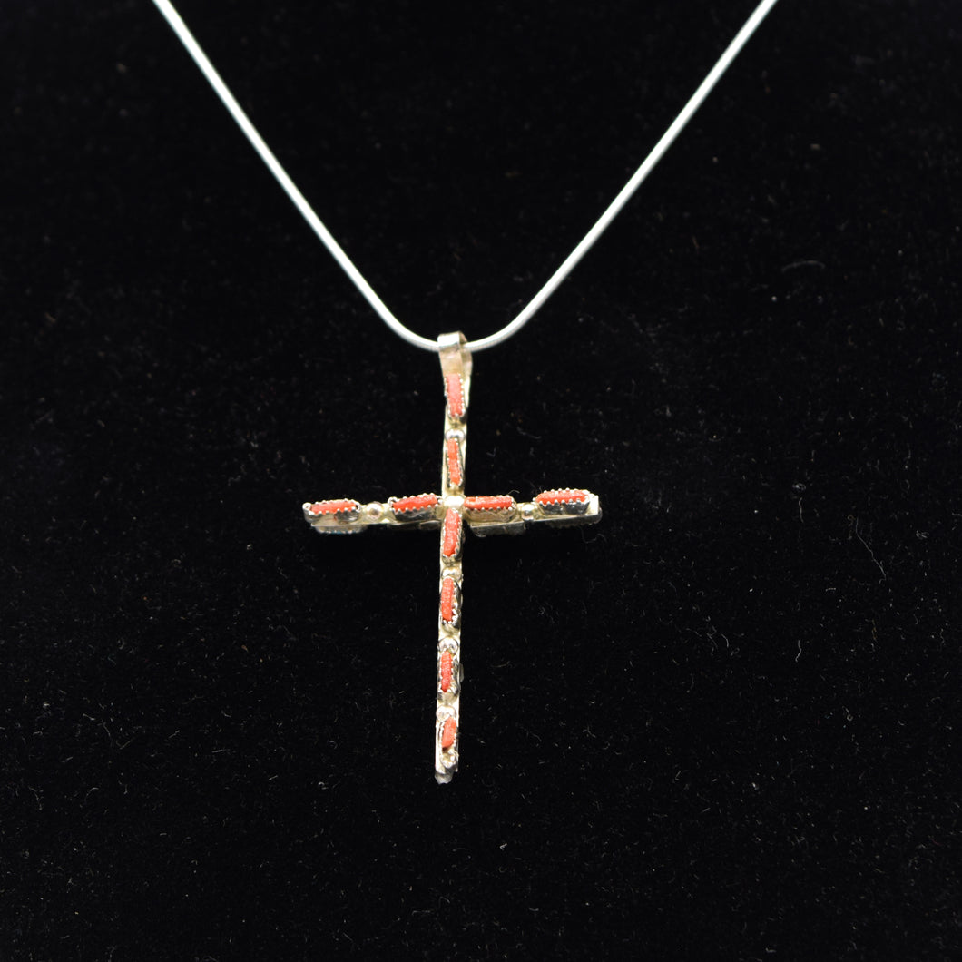 Two-Sided Zuni Cross Pendant – Sterling Silver with Turquoise and Coral